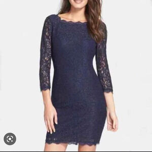 Adrianna Papell Navy Lace Bodycon Long Sleeve Dress Gala Formal Wedding Guest